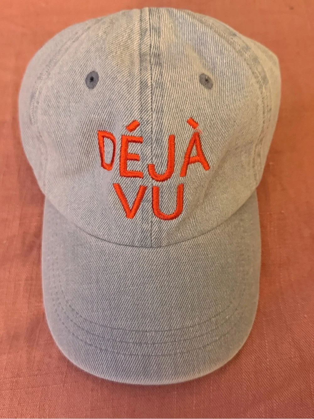 Clare V Light Wash Denim 'DÉJÀ VU' Baseball Cap Orange Red Embroidery